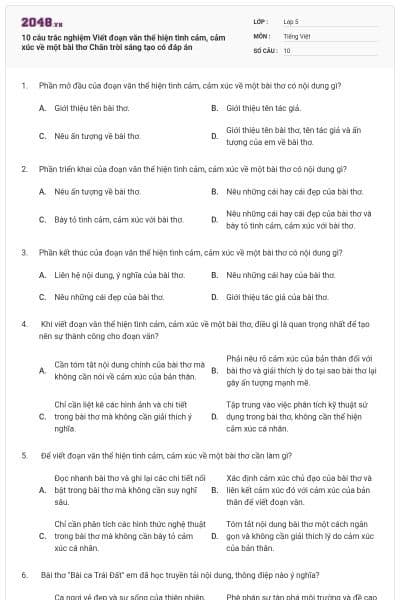 10 câu trắc nghiệm Viết đoạn văn thể hiện tình cảm, cảm xúc về một bài thơ Chân trời sáng tạo có đáp án