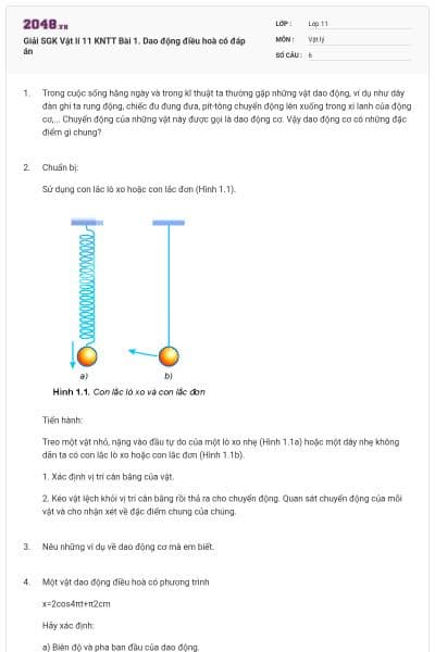 Giải SGK Vật lí 11 KNTT Bài 1. Dao động điều hoà có đáp án