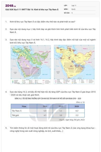 Giải SGK Địa lí 11 KNTT Bài 16: Kinh tế khu vực Tây Nam Á
