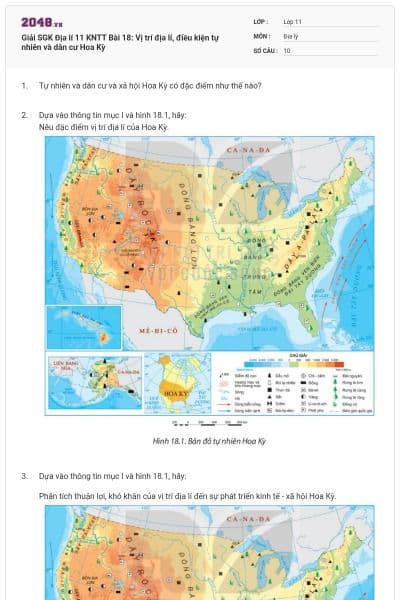 Giải SGK Địa lí 11 KNTT Bài 18: Vị trí địa lí, điều kiện tự nhiên và dân cư Hoa Kỳ