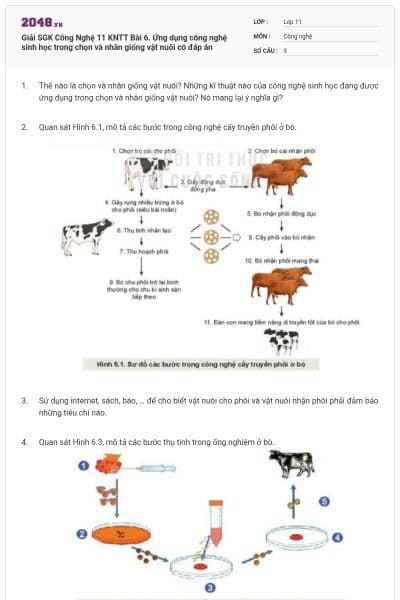 Giải SGK Công Nghệ 11 KNTT Bài 6. Ứng dụng công nghệ sinh học trong chọn và nhân giống vật nuôi có đáp án