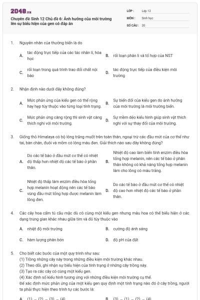 Chuyên đề Sinh 12 Chủ đề 6: Ảnh hưởng của môi trường lên sự biểu hiện của gen có đáp án