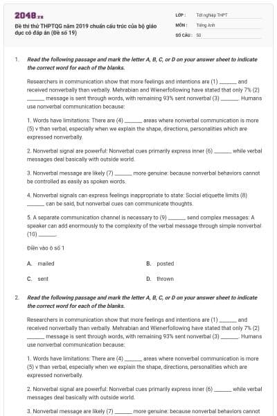 Đề thi thử THPTQG năm 2019 chuẩn cấu trúc của bộ giáo dục có đáp án (Đề số 19)