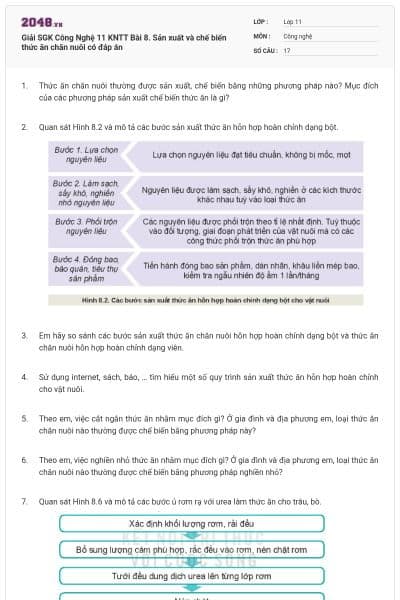 Giải SGK Công Nghệ 11 KNTT Bài 8. Sản xuất và chế biến thức ăn chăn nuôi có đáp án