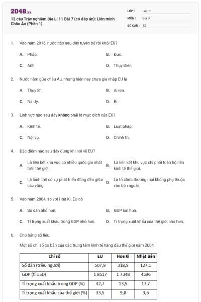 12 câu  Trắc nghiệm Địa Lí 11 Bài 7 (có đáp án): Liên minh Châu Âu (Phần 1)