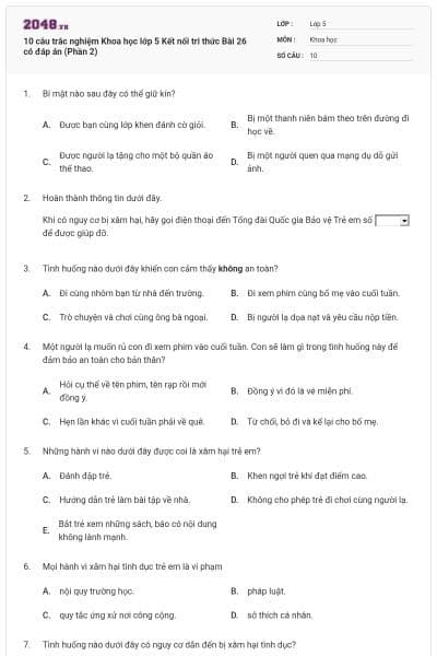 10 câu trắc nghiệm Khoa học lớp 5 Kết nối tri thức Bài 26 có đáp án (Phần 2)