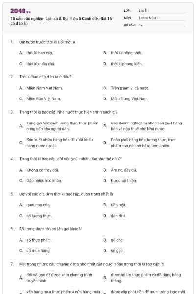 15 câu trắc nghiệm Lịch sử & Địa lí lớp 5 Cánh diều Bài 16 có đáp án