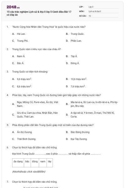 15 câu trắc nghiệm Lịch sử & Địa lí lớp 5 Cánh diều Bài 17 có đáp án