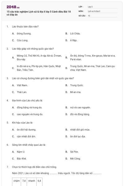15 câu trắc nghiệm Lịch sử & Địa lí lớp 5 Cánh diều Bài 18 có đáp án