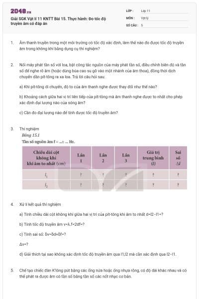 Giải SGK Vật lí 11 KNTT Bài 15. Thực hành: Đo tốc độ truyền âm có đáp án