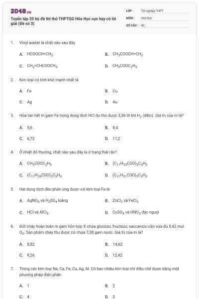 Tuyển tập 20 bộ đề thi thử THPTQG Hóa Học cực hay có lời giải (Đề số 3)