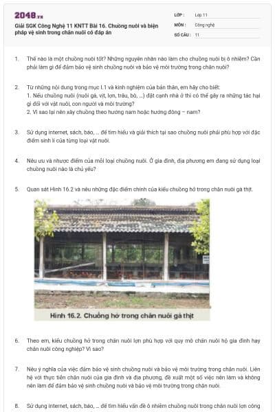 Giải SGK Công Nghệ 11 KNTT Bài 16. Chuồng nuôi và biện pháp vệ sinh trong chăn nuôi có đáp án