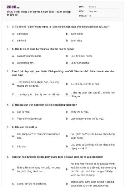 Bộ 20 đề thi Tiếng Việt ôn vào 6 năm 2023 - 2024 có đáp án (Đề 10)