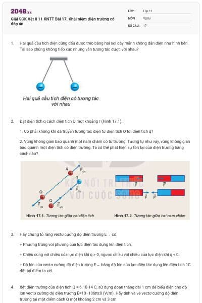 Giải SGK Vật lí 11 KNTT Bài 17. Khái niệm điện trường có đáp án