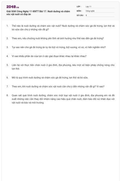 Giải SGK Công Nghệ 11 KNTT Bài 17. Nuôi dưỡng và chăm sóc vật nuôi có đáp án