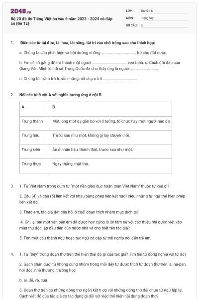 Bộ 20 đề thi Tiếng Việt ôn vào 6 năm 2023 - 2024 có đáp án (Đề 12)