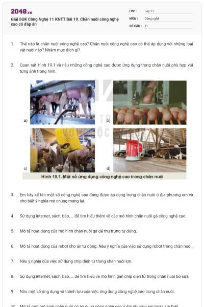 Giải SGK Công Nghệ 11 KNTT Bài 19. Chăn nuôi công nghệ cao có đáp án