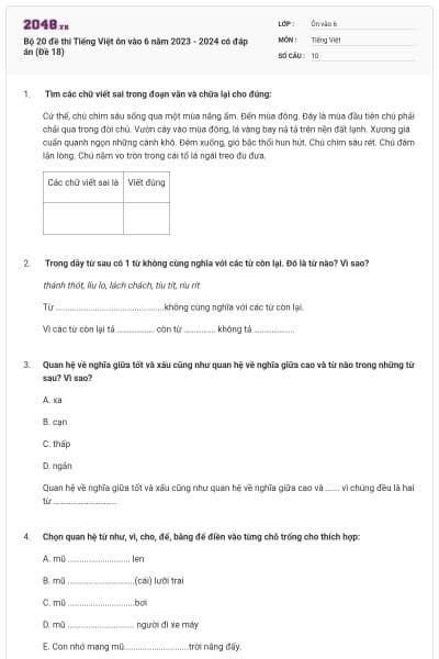 Bộ 20 đề thi Tiếng Việt ôn vào 6 năm 2023 - 2024 có đáp án (Đề 18)