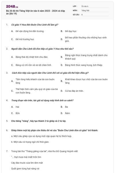 Bộ 20 đề thi Tiếng Việt ôn vào 6 năm 2023 - 2024 có đáp án (Đề 19)