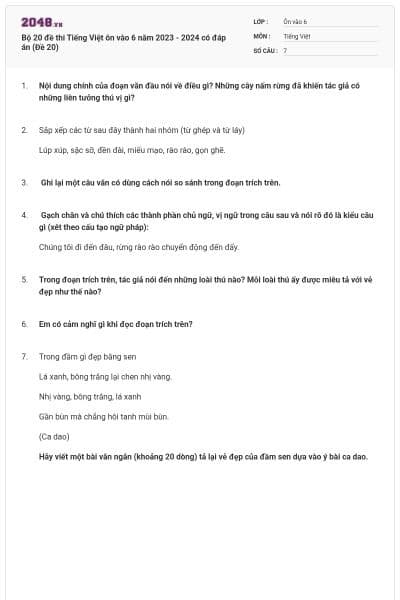 Bộ 20 đề thi Tiếng Việt ôn vào 6 năm 2023 - 2024 có đáp án (Đề 20)