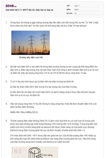 Giải SGK Vật lí 11 KNTT Bài 20. Điện thế có đáp án