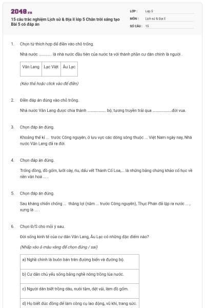 15 câu trắc nghiệm Lịch sử & Địa lí lớp 5 Chân trời sáng tạo Bài 5 có đáp án