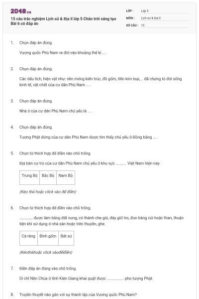15 câu trắc nghiệm Lịch sử & Địa lí lớp 5 Chân trời sáng tạo Bài 6 có đáp án