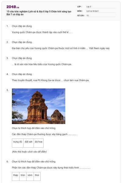 15 câu trắc nghiệm Lịch sử & Địa lí lớp 5 Chân trời sáng tạo Bài 7 có đáp án