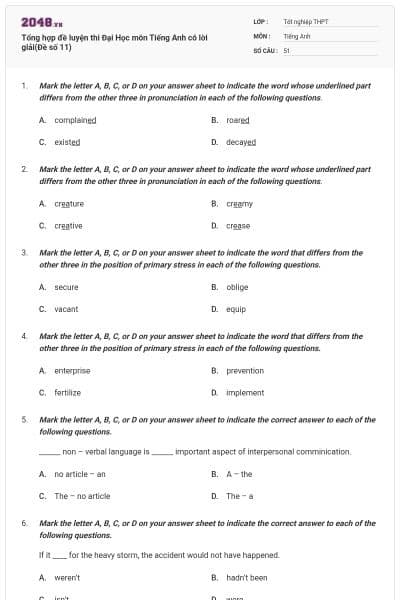 Tổng hợp đề luyện thi Đại Học môn Tiếng Anh có lời giải(Đề số 11)