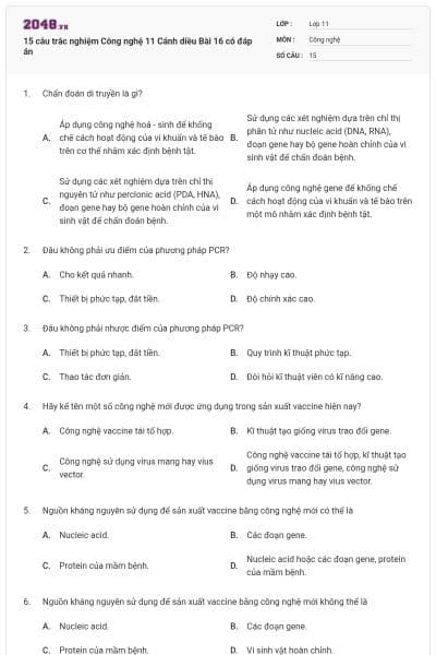 15 câu trắc nghiệm Công nghệ 11 Cánh diều Bài 16 có đáp án