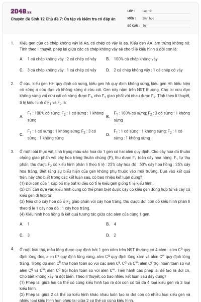 Chuyên đề Sinh 12 Chủ đề 7: Ôn tập và kiểm tra có đáp án