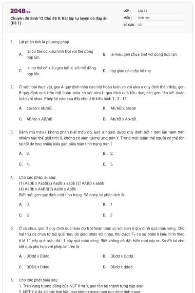 Chuyên đề Sinh 12 Chủ đề 8: Bài tập tự luyện có đáp án (Đề 1)