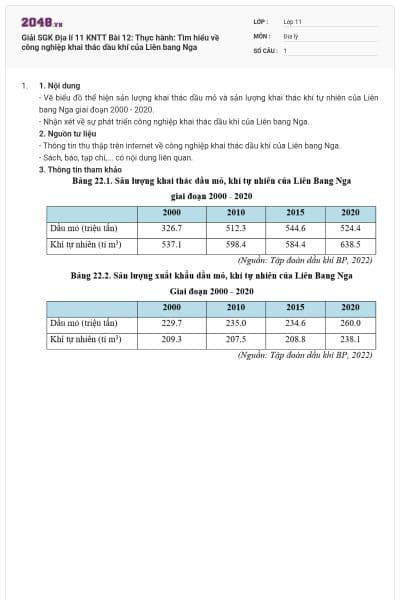 Giải SGK Địa lí 11 KNTT Bài 12: Thực hành: Tìm hiểu về công nghiệp khai thác dầu khí của Liên bang Nga