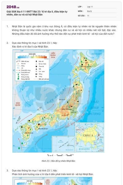 Giải SGK Địa lí 11 KNTT Bài 23: Vị trí địa lí, điều kiện tự nhiên, dân cư và xã hội Nhật Bản