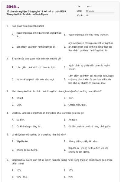 15 câu trắc nghiệm Công nghệ 11 Kết nối tri thức Bài 9. Bảo quản thức ăn chăn nuôi có đáp án