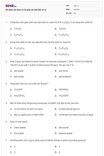 Đề kiểm tra Este có lời giải chi tiết (Đề số 2)