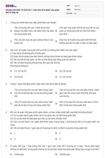 Chuyên đề Sinh 12 Chủ đề 1: Cấu trúc di truyền của quần thể có đáp án