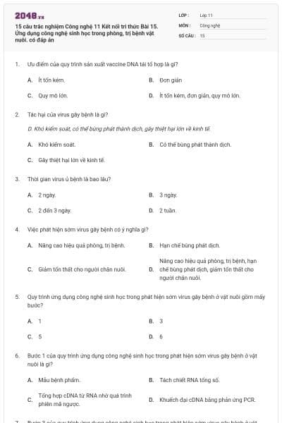 15 câu trắc nghiệm Công nghệ 11 Kết nối tri thức Bài 15. Ứng dụng công nghệ sinh học trong phòng, trị bệnh vật nuôi. có đáp án