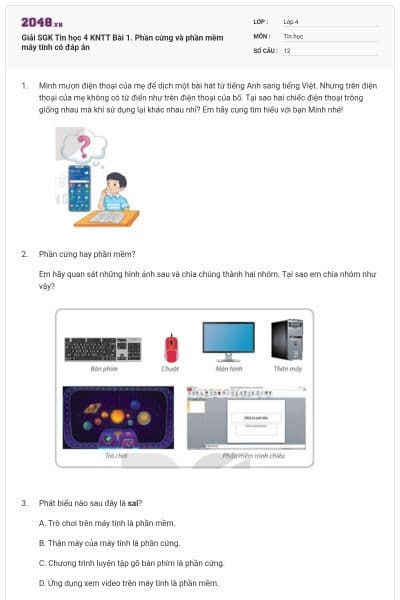 Giải SGK Tin học 4 KNTT Bài 1. Phần cứng và phần mềm máy tính có đáp án