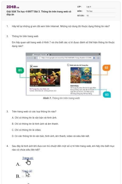 Giải SGK Tin học 4 KNTT Bài 3. Thông tin trên trang web có đáp án