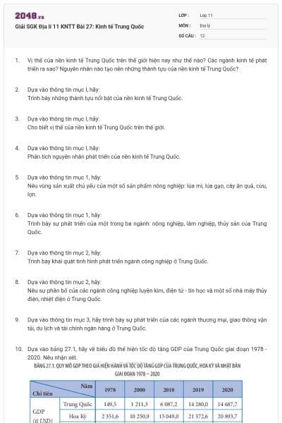 Giải SGK Địa lí 11 KNTT Bài 27: Kinh tế Trung Quốc