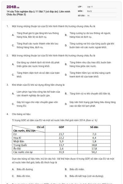 14 câu  Trắc nghiệm Địa Lí 11 Bài 7 (có đáp án): Liên minh Châu Âu (Phần 3)