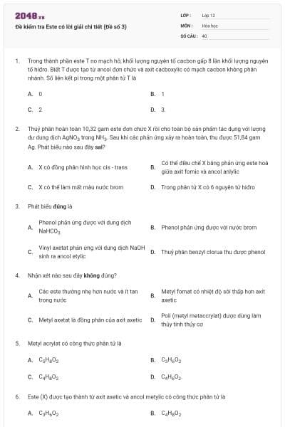Đề kiểm tra Este có lời giải chi tiết (Đề số 3)