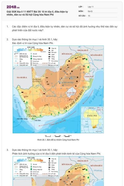 Giải SGK Địa lí 11 KNTT Bài 30: Vị trí địa lí, điều kiện tự nhiên, dân cư và Xã hội Cộng hòa Nam Phi