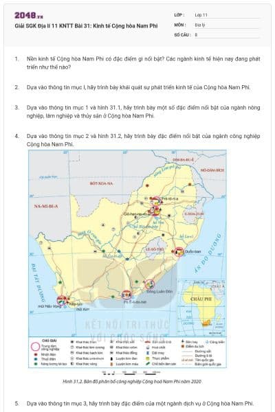 Giải SGK Địa lí 11 KNTT Bài 31: Kinh tế Cộng hòa Nam Phi