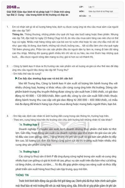 Giải SGK Giáo dục kinh tế và pháp luật 11 Chân trời sáng tạo Bài 2: Cung - cầu trong kinh tế thị trường có đáp án