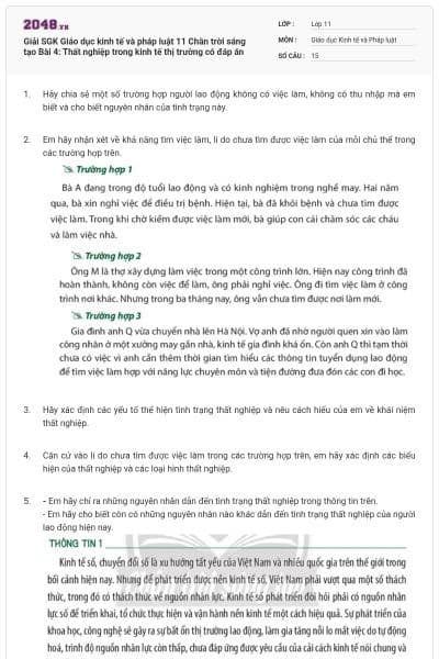 Giải SGK Giáo dục kinh tế và pháp luật 11 Chân trời sáng tạo Bài 4: Thất nghiệp trong kinh tế thị trường có đáp án