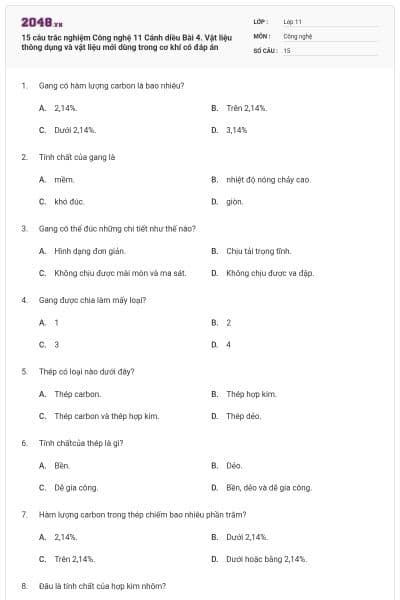 15 câu trắc nghiệm Công nghệ 11 Cánh diều Bài 4. Vật liệu thông dụng và vật liệu mới dùng trong cơ khí có đáp án