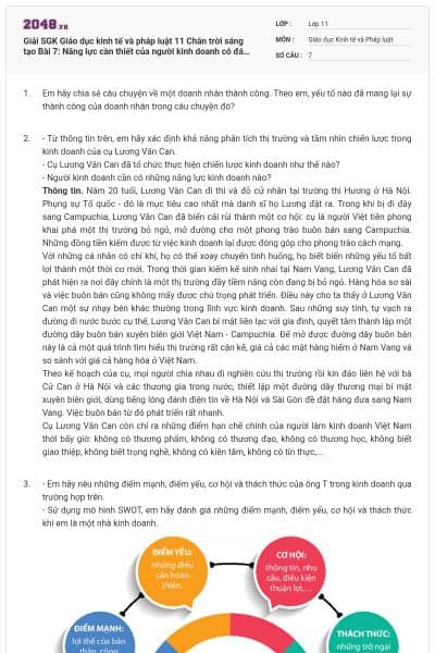 Giải SGK Giáo dục kinh tế và pháp luật 11 Chân trời sáng tạo Bài 7: Năng lực cần thiết của người kinh doanh có đáp án