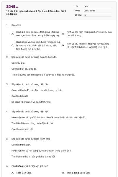 15 câu trắc nghiệm Lịch sử & Địa lí lớp 4 Cánh diều Bài 1 có đáp án
